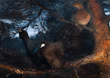 Two Birds in a Forest Painting