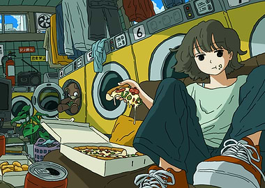 Anime girl eating pizza in laundromat