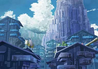 Futuristic Cityscape with Towering Structure