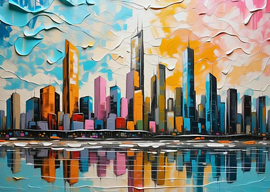 Colorful Cityscape Painting with Water Reflection