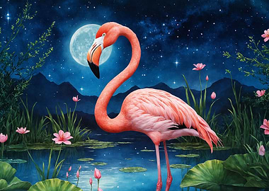 Flamingo in Moonlight Serene Nightscape