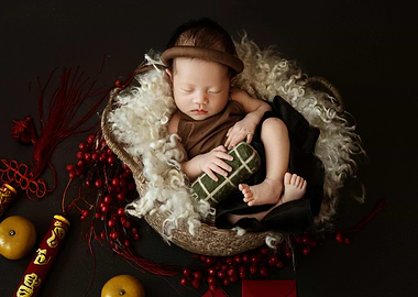 Newborn baby in basket with Tet decorations