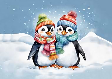 Two Cute Penguins in Winter Scene