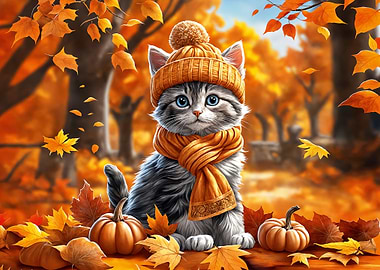 Autumn Cat with Hat and Scarf
