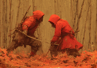 Red Hooded Warriors in Battle