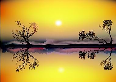 Golden Sunset Reflection with Silhouetted Trees