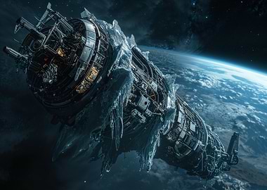 Iced Space Station Orbiting Earth