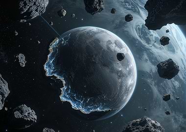 Destroyed Planet in Space with Asteroids