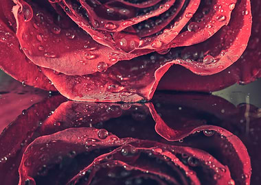 Red Rose with Water Droplets Reflection