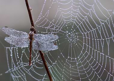 Dragonfly and Dew-Covered Spiderweb