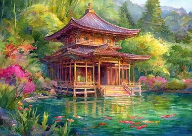 Japanese Temple Watercolor Painting with Koi Fish
