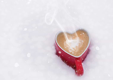 Heart-shaped mug with coffee and steam