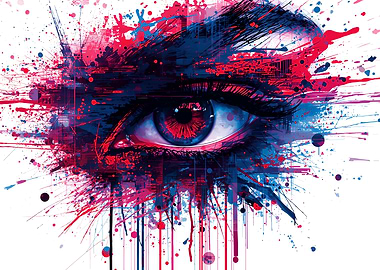 Abstract Eye with Red and Blue Splatters