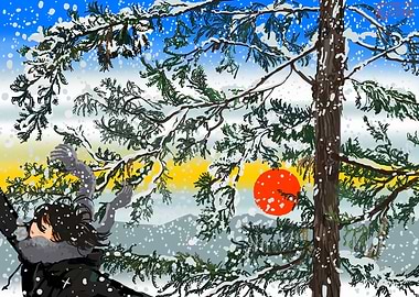 Winter Scene with Figure and Sunset