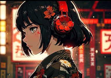 Anime Girl with Headphones in Cityscape