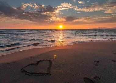 Sunset beach with heart in sand