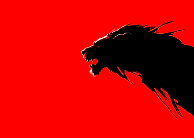 Black Lion Silhouette on Red Background