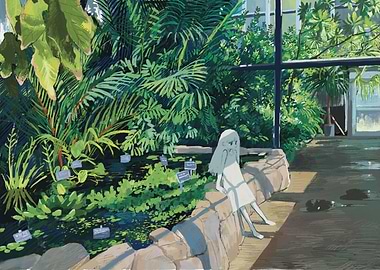 Girl in Greenhouse with Lush Plants