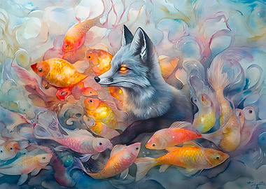 Fox and Koi Fish Watercolor Painting