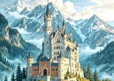 Neuschwanstein Castle in Mountain Landscape