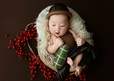 Baby in Basket with Red Berries