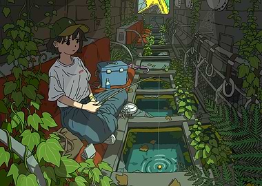 Girl Fishing in Overgrown Subway Station