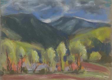 Pastel Landscape with Mountains and Trees