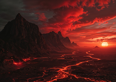 Volcanic Landscape with Red Sky