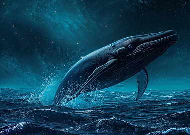 Whale breaching in starry night ocean