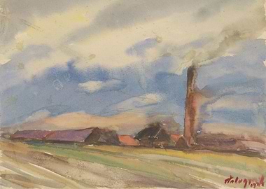 Watercolor painting of a rural landscape