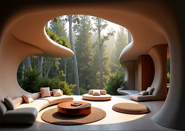 Modern Home Interior with Forest View