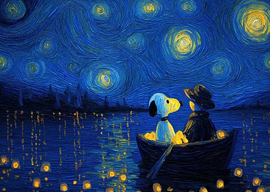 Snoopy and Friend Starry Night Painting