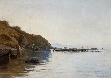 Coastal Seascape Painting with Cliffs and Boats