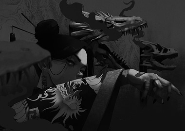 Geisha with Dragon Tattoo and Dragons