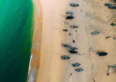 Aerial view of boats on beach