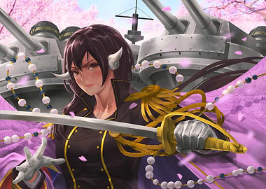 Girl with Sword and Ship Background