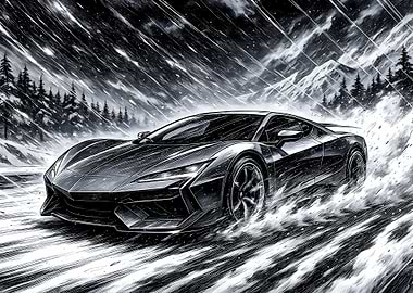 Sports Car in Winter Landscape