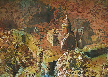 Geghard Monastery, Armenia, Watercolor Painting