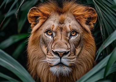 Majestic Lion Portrait in Lush Foliage