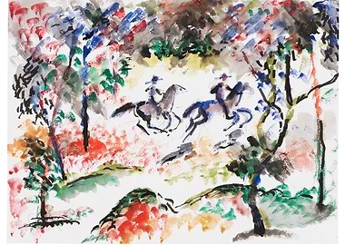 Watercolor Painting of Horse Riders in Nature