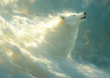 White Wolf Howling in Cloudy Sky