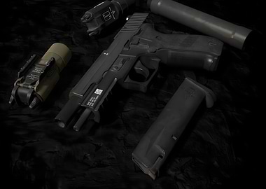 Black Pistol with Attachments on Dark Surface