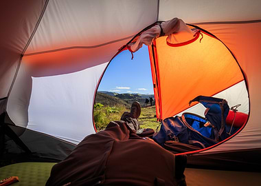 Camping Tent View of Mountain Landscape