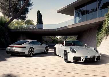 Sleek Porsche 911s, Modern Architecture