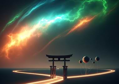 Torii Gate Under Colorful Nebula Sky