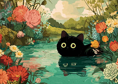 Black cat in a floral pond