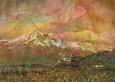 Armenian landscape Khor Virap Mt. Ararat watercolor