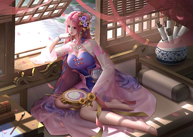 Elegant Woman in Traditional Asian Setting