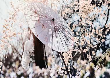Woman with Umbrella in Blossom Garden