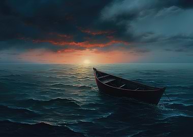 Boat on the Ocean at Sunset